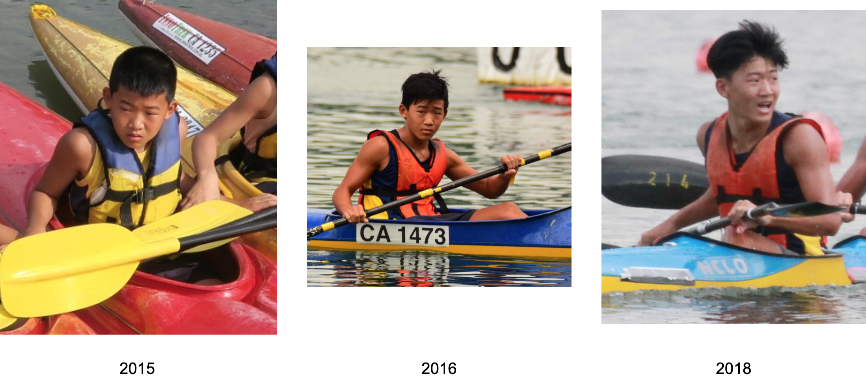 Three photos from 2015, 2016, and 2018 showing a young male kayaker growing older, wearing life vests on water.